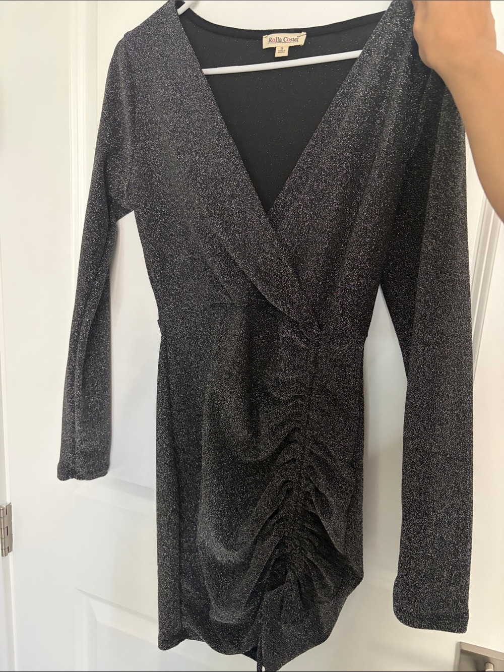 Rolla Coster Black Sparkle Ruched Wrap Long-Sleeve Dress